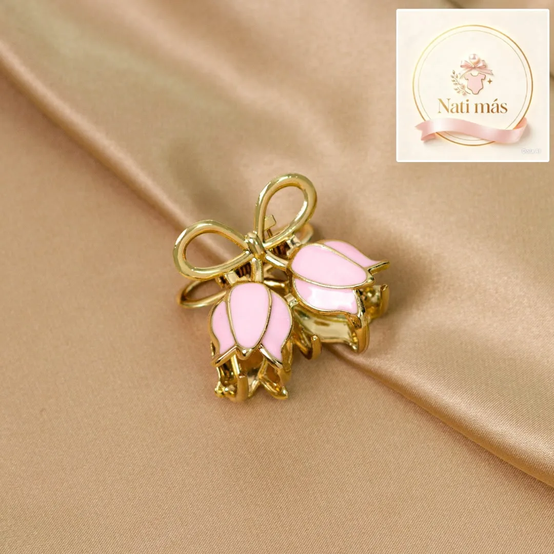 Pinza para pelo con tulipanes rosados