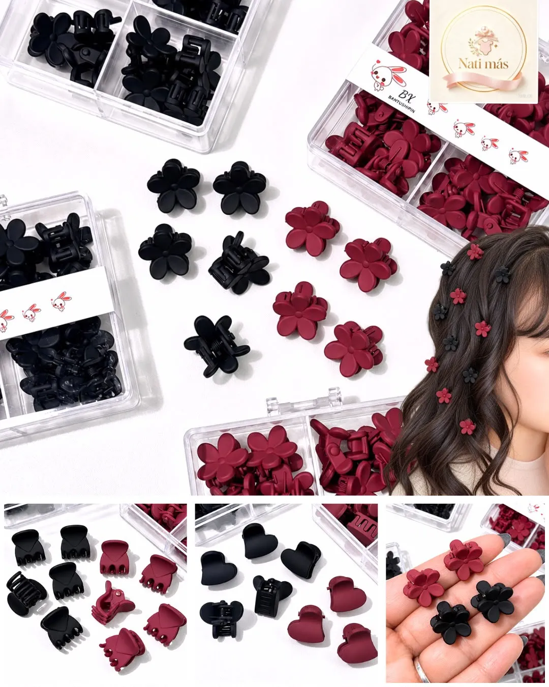 Accesorios para el cabello · Flores pequeñas en caja · negro y bordó · S01