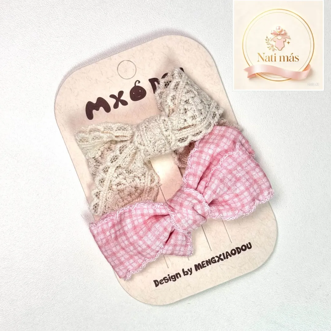 Accesorios para el cabello · Moños de encaje y cuadritos rosados · S34