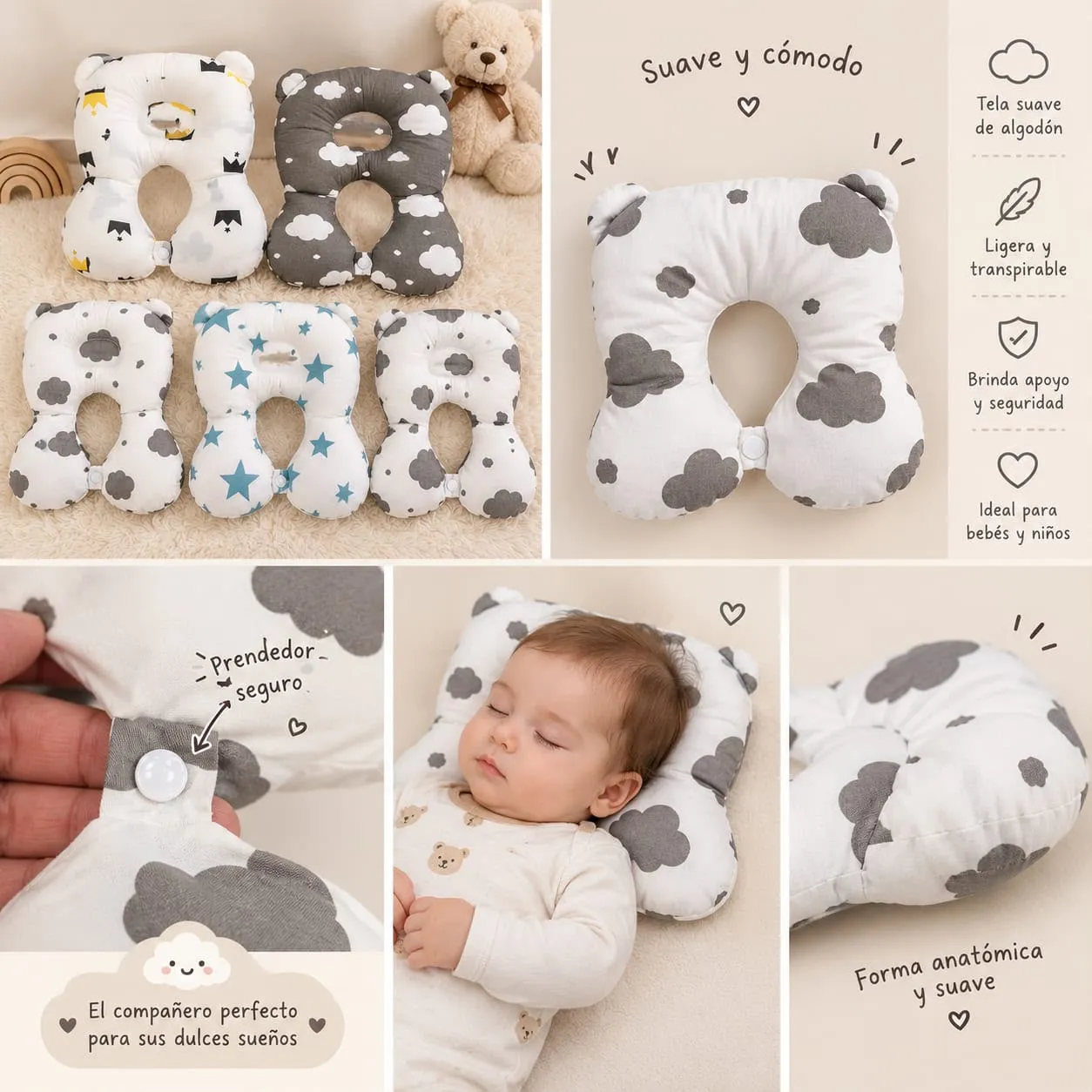 Almohadita para bebé en forma de U con nubes